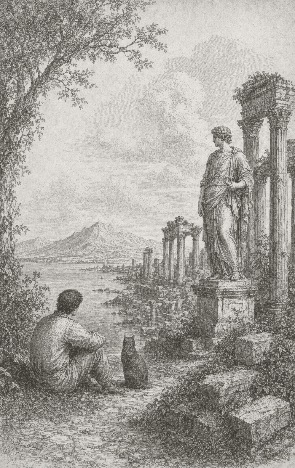 An engraved plate: the founder and a cat rest among quiet ruins, a statue watching over the bay.