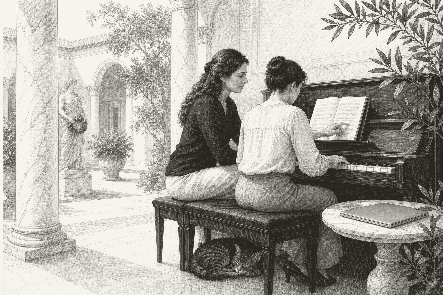 A modern piano teacher and student in a Roman courtyard, with a laptop closed beside a marble column and Otto asleep under the piano bench
