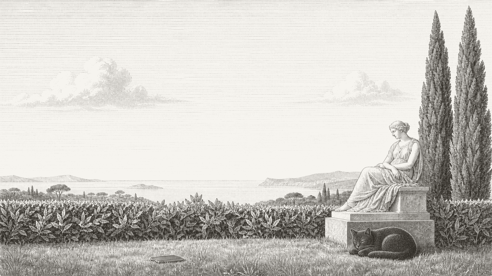 A resting Roman figure and Otto in a quiet laurel garden overlooking the Mediterranean