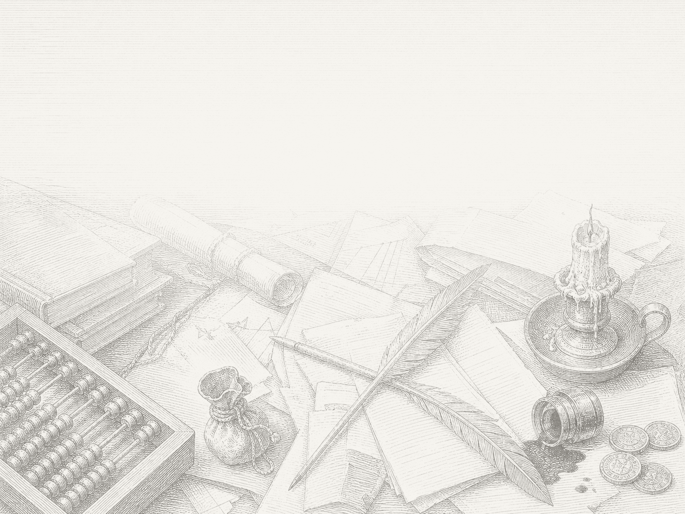 A Roman writing desk scattered with letters, books, coins, and an ink bottle after a long attempt