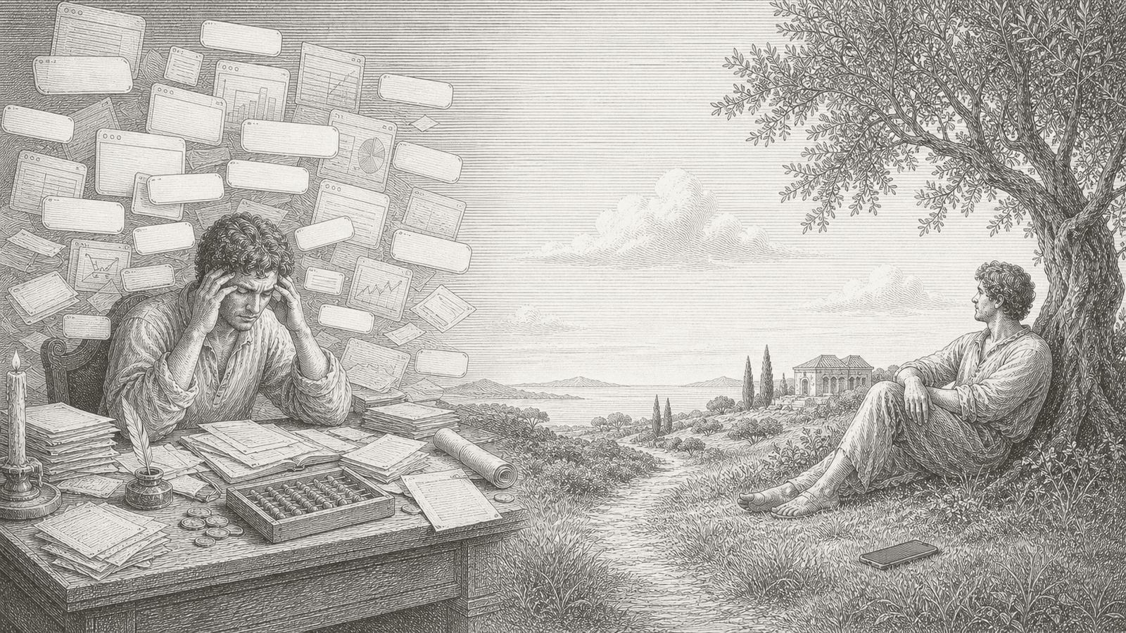A Roman worker buried beneath messages and ledgers beside a clear path toward a quiet olive tree