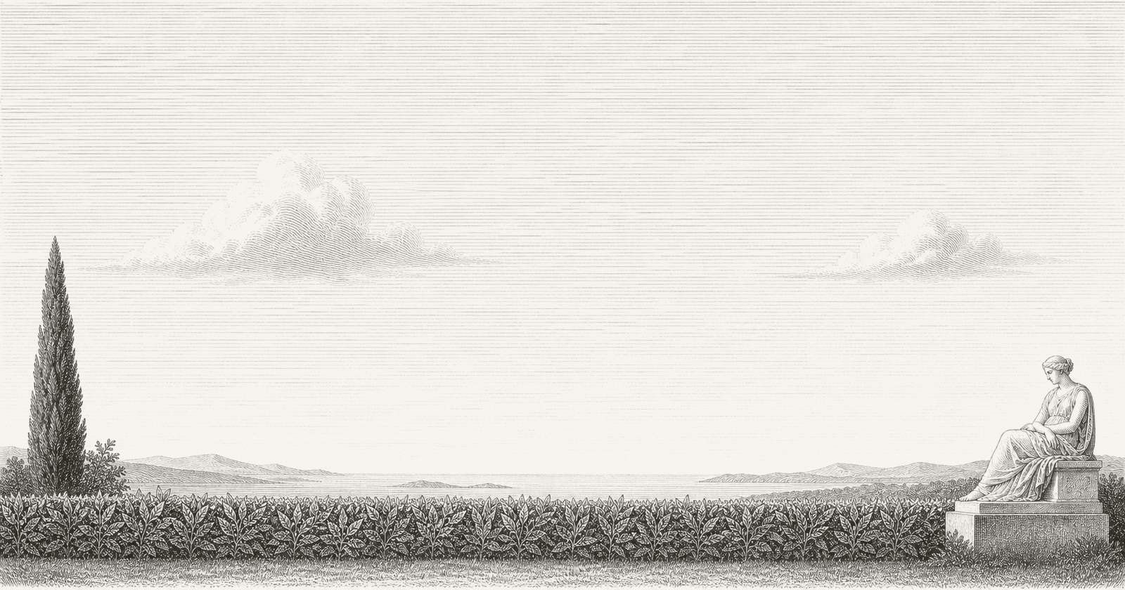 A Roman figure resting at the edge of a laurel field beneath an open afternoon sky