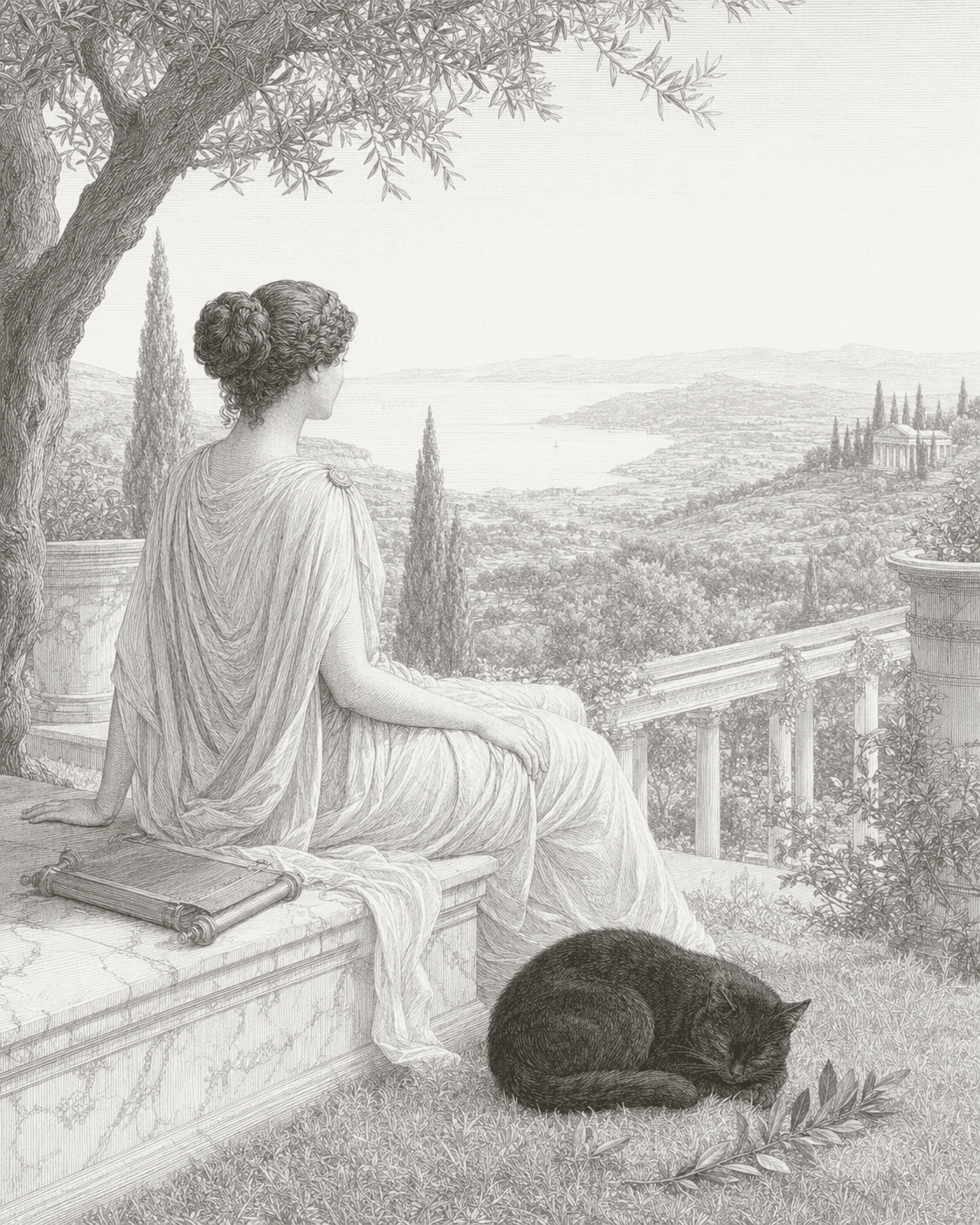 A Roman woman resting beneath an olive tree above the Mediterranean while Otto sleeps beside her