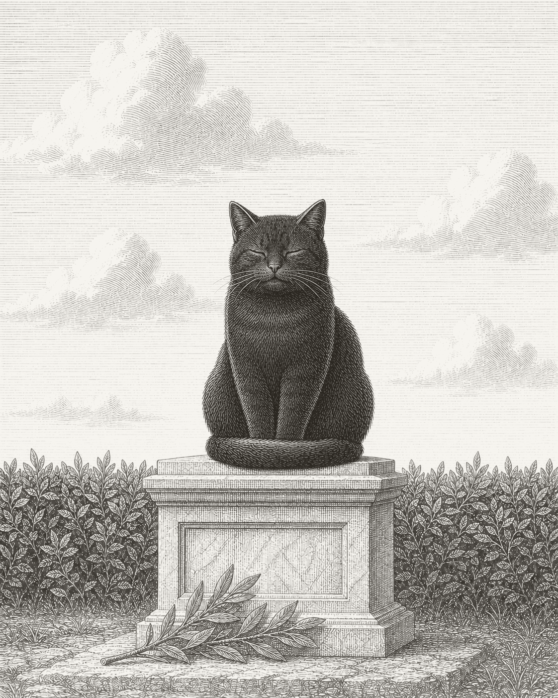 Otto sitting calmly on a Roman marble plinth with a laurel branch at his feet